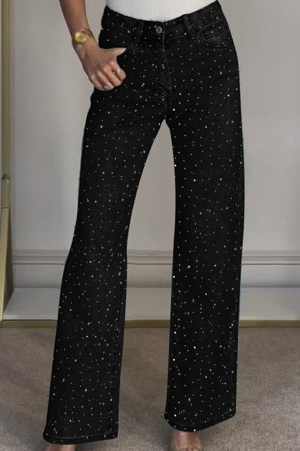 Wide-Leg High-Waist Rhinestone Jeans
