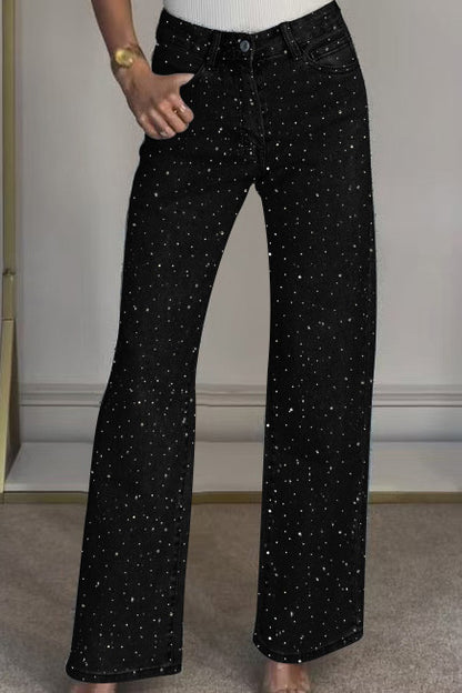 Wide-Leg High-Waist Rhinestone Jeans