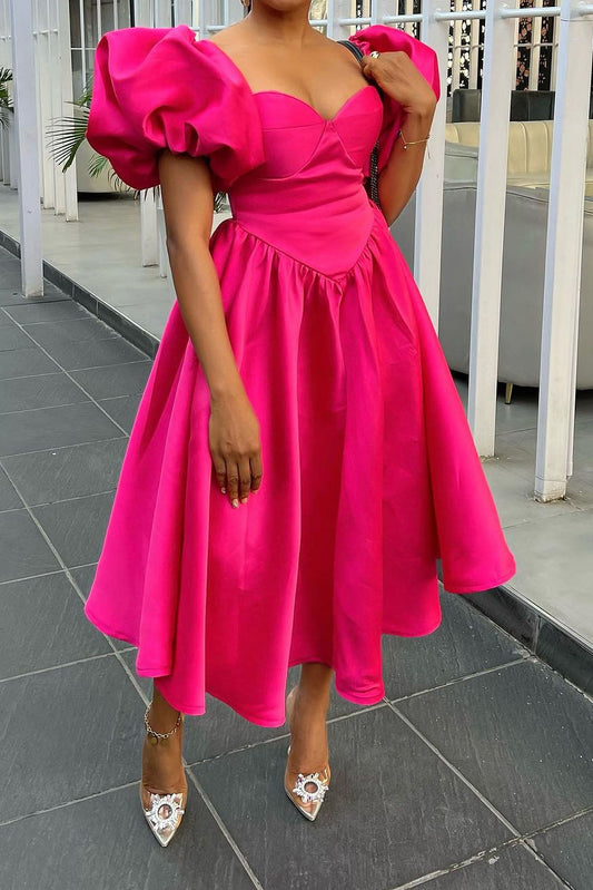 Puff Sleeve Basque Midi Dress