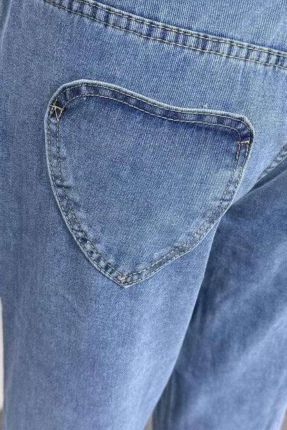 High Waist Heart Pocket Straight Leg Jeans