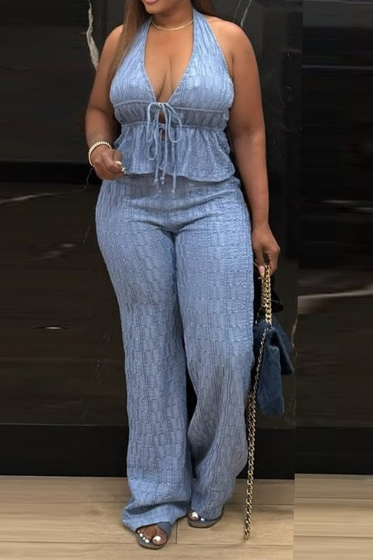 Textured Halter Wide Leg Pant Set