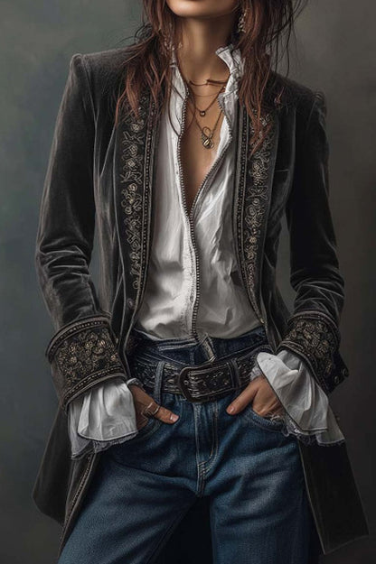 Velvet Embroidered Long Jacket