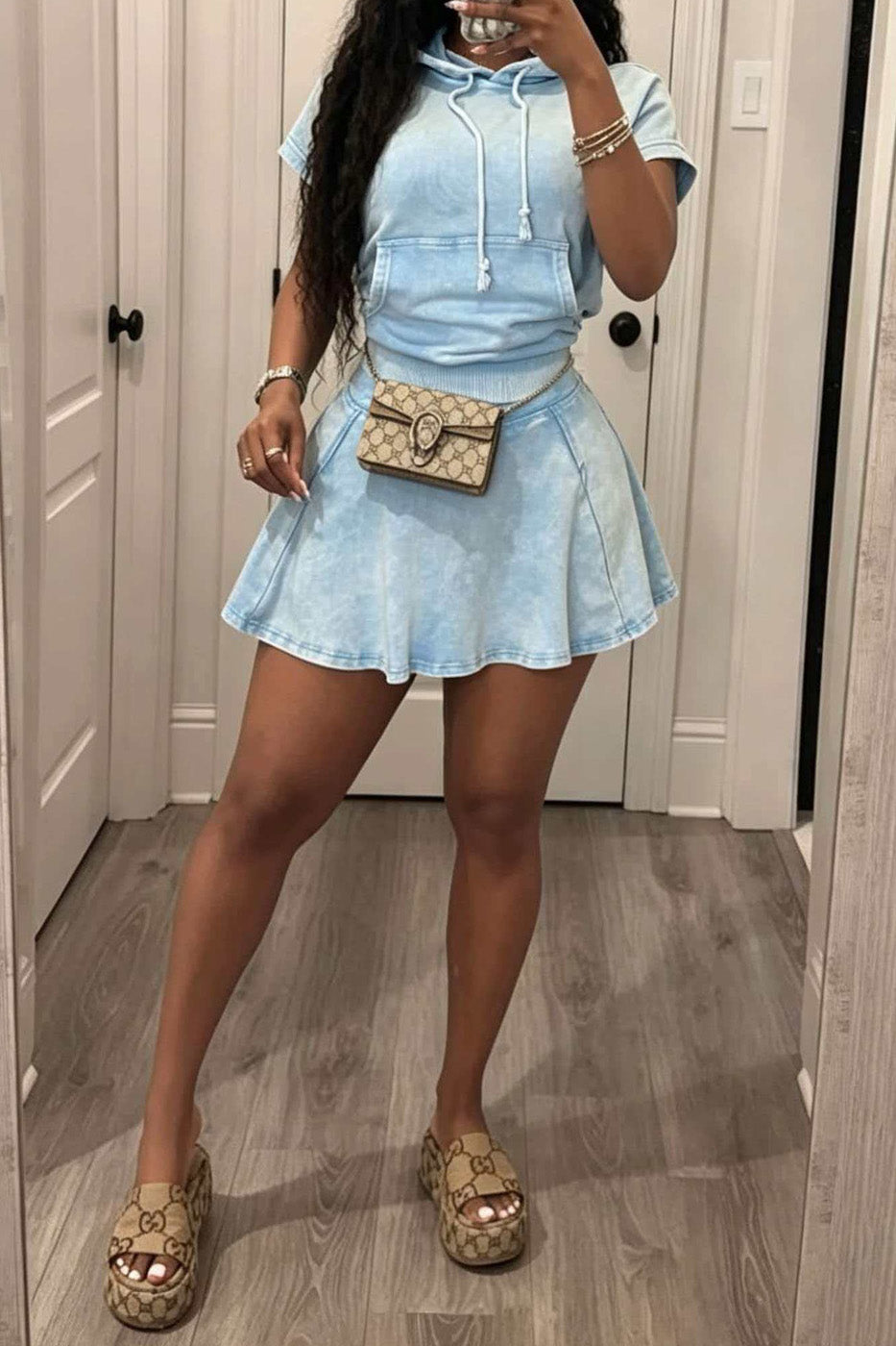 Mineral Wash Short Sleeve Hoodie & Skater Skirt Set