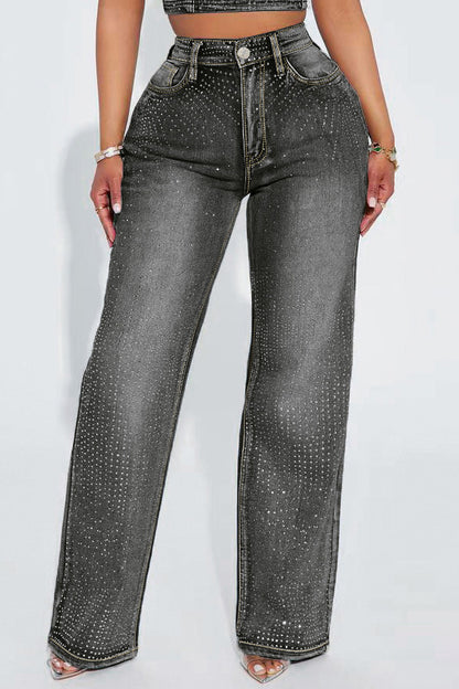Rhinestone Straight Leg Jeans Pants