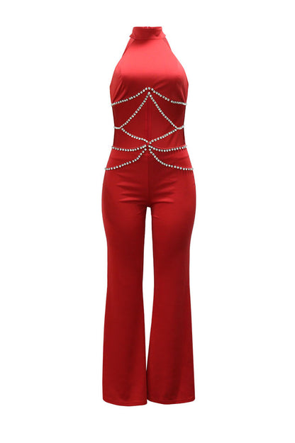 Halter Rhinestone Chain Cutout Flared Jumpsuit
