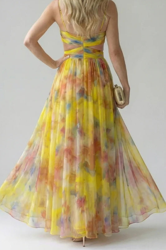 Abstract Chiffon Cutout Backless Maxi Dress
