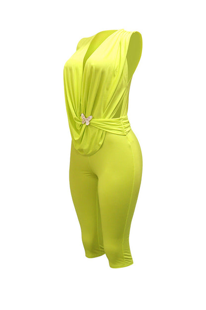Draped V Neck Capri Romper