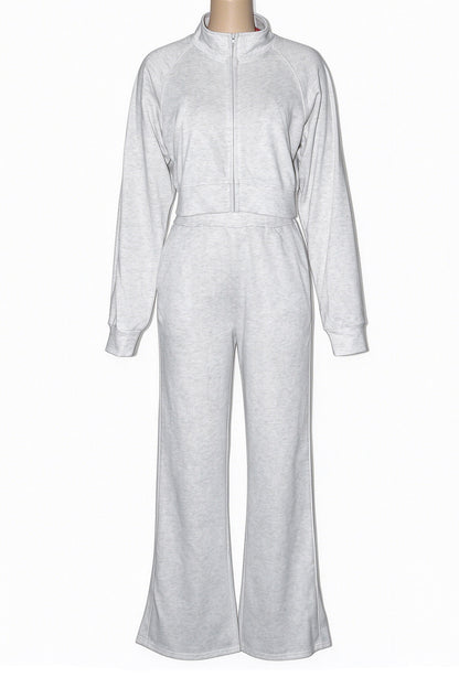 Contrast-Piping Zip Jacket & Flare Pants Set