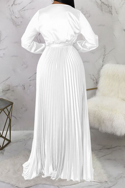 Faux Silk Pleated Tie-Waist Maxi Dress