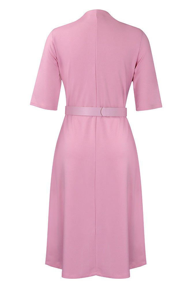 V-Neck Button Front Solid Color Midi Dress