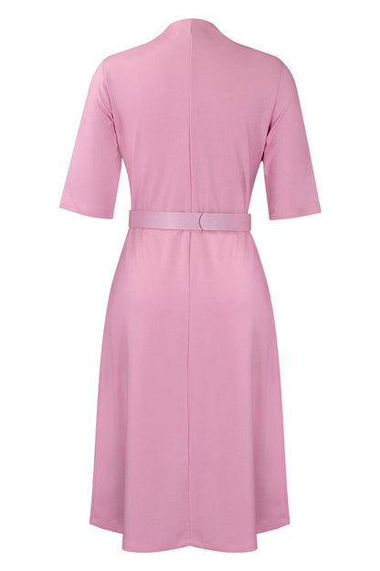 V-Neck Button Front Solid Color Midi Dress