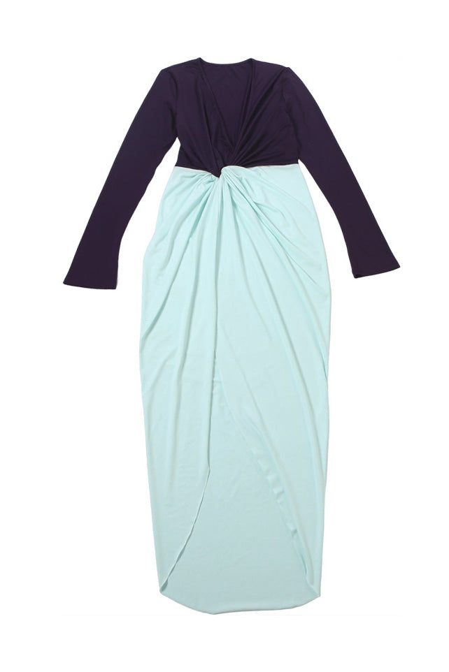 Deep V Neck Long Sleeve Slit Maxi Dress