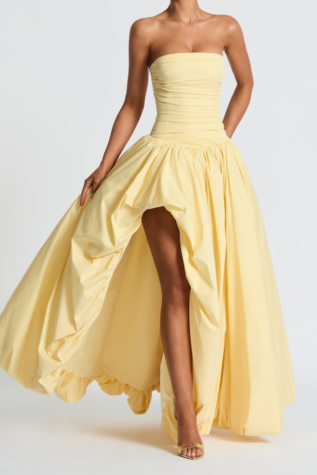 Strapless Ruched High-Slit Evening Gown