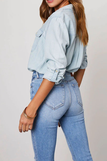 Button Front Roll-Tab Sleeve Denim Shirt