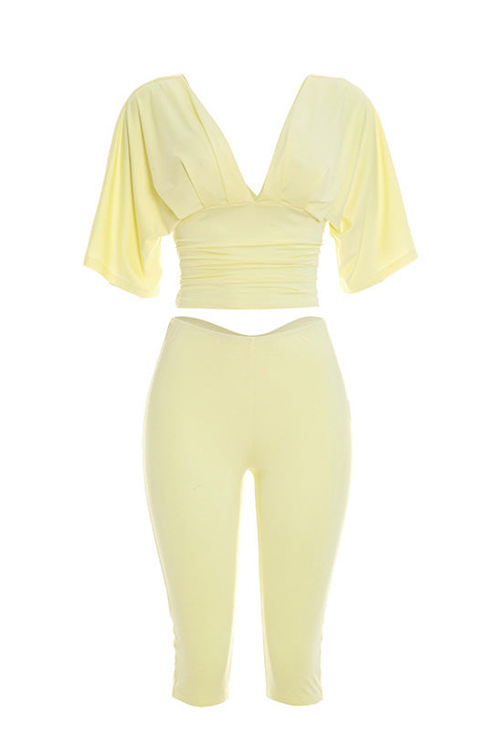 Ruched V-Neck Top & Bodycon Capri Set
