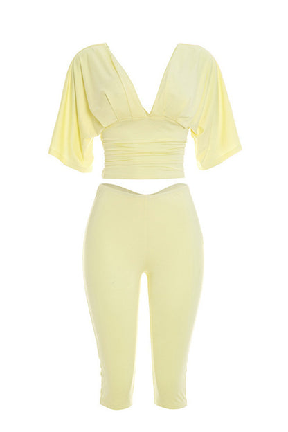 Ruched V-Neck Top & Bodycon Capri Set