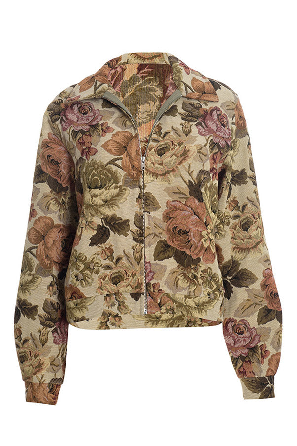 Floral Jacquard Zip-Front Collared Jacket