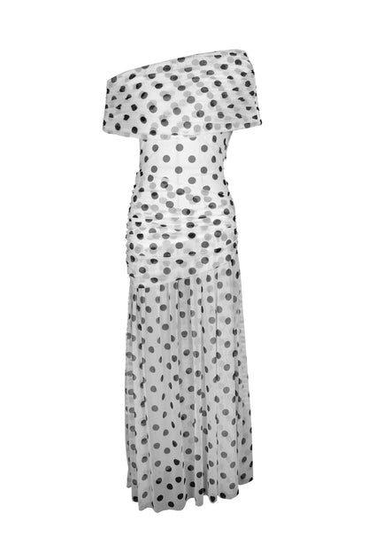 Polka Dot Off-Shoulder Slit Maxi Dress