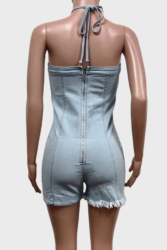 Hanging Neck and Backless Elastic Romper