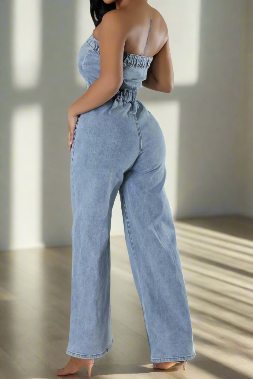 Denim Button Strapless Jumpsuit