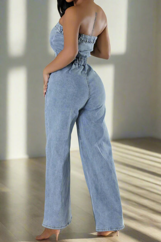Denim Button Strapless Jumpsuit
