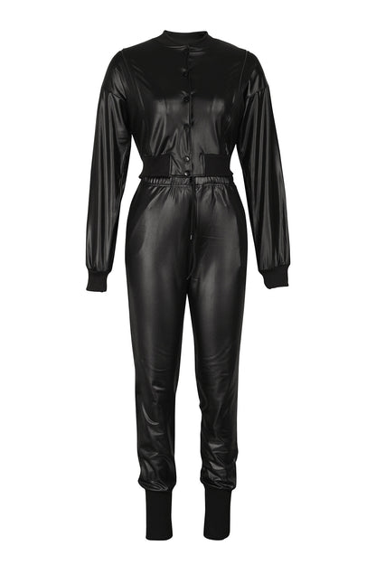 2-Piece Cutout Faux-Leather Bomber & Jogger Set