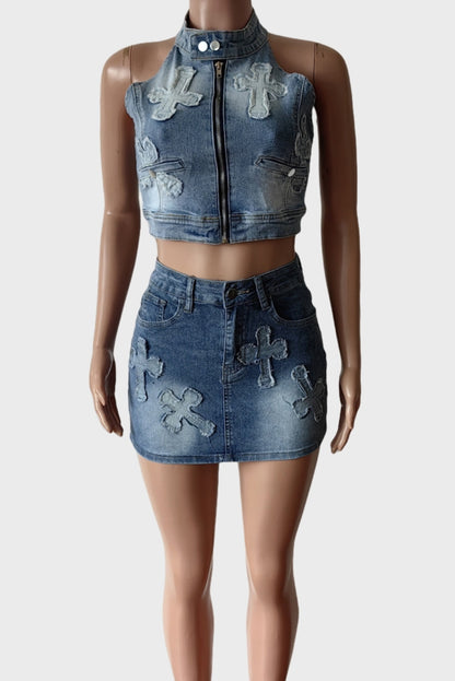 Street Wear Denim Zipper Skirt Set