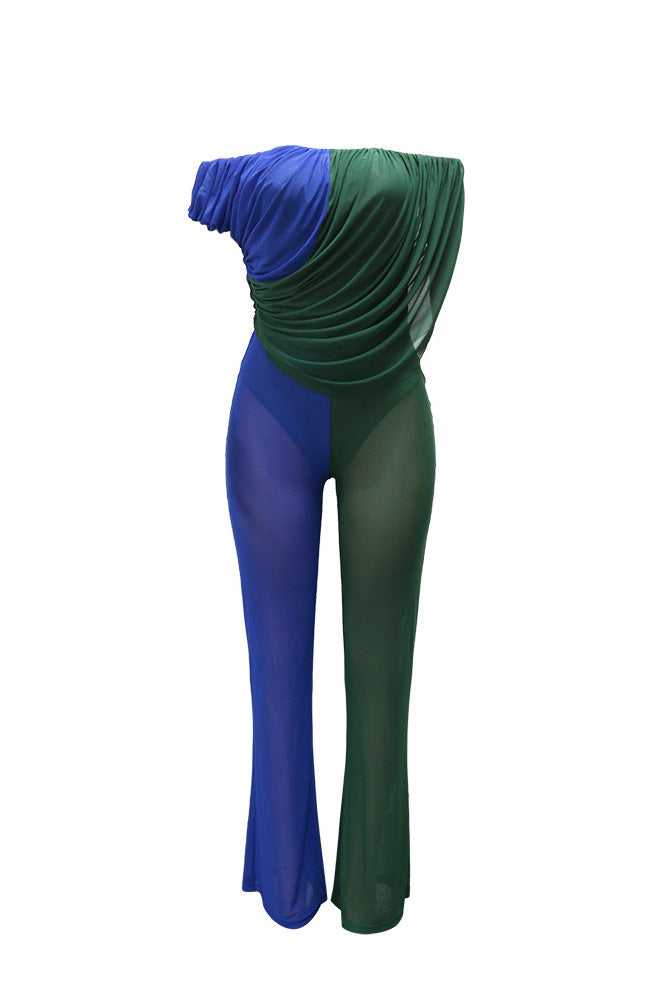 Color Block Ruched Mesh Pant Set