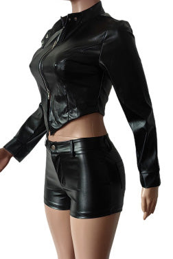 Leather Crop Jacket and Shorts Set
