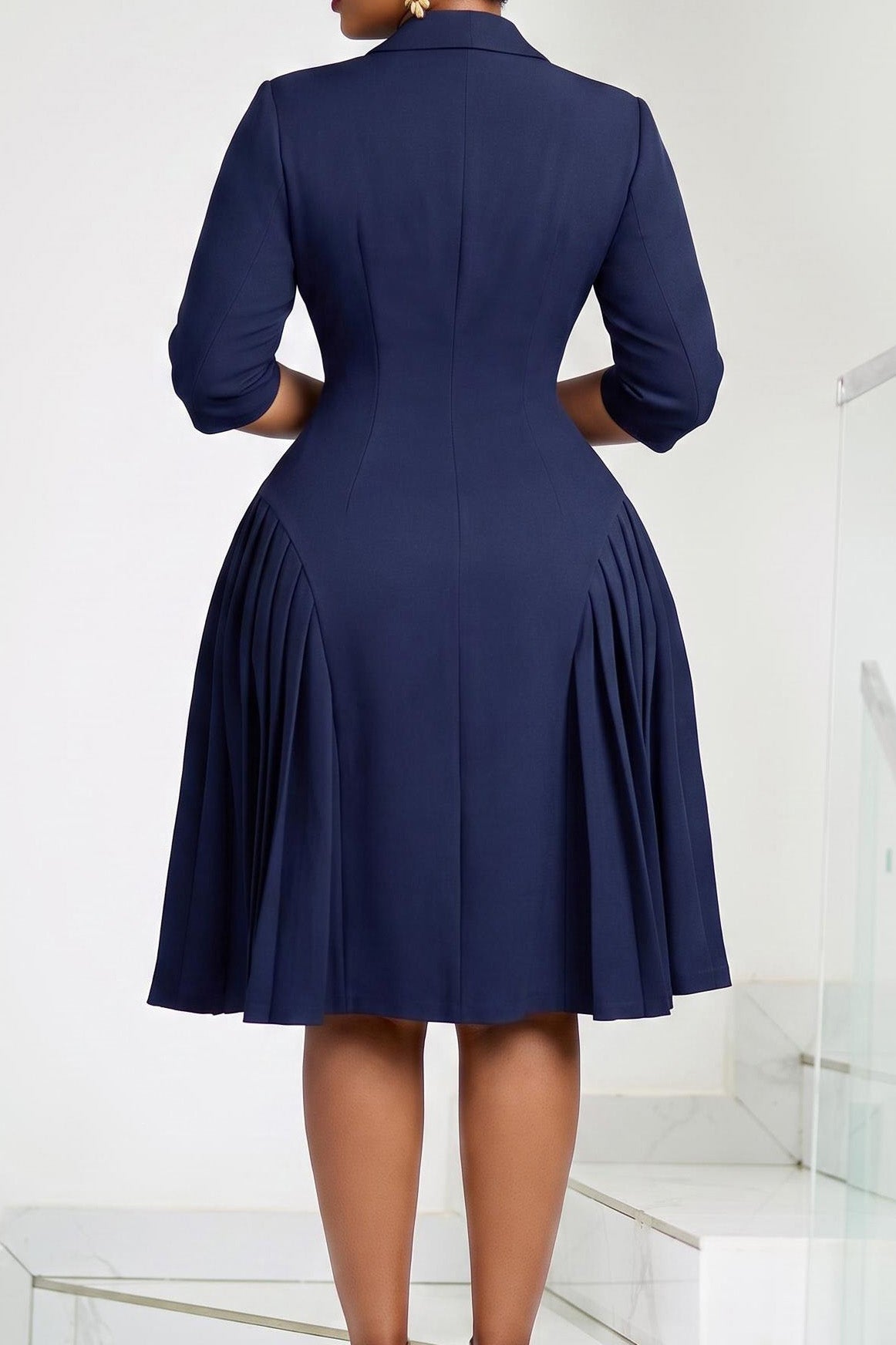Pleated Button Front Blazer Midi Dress