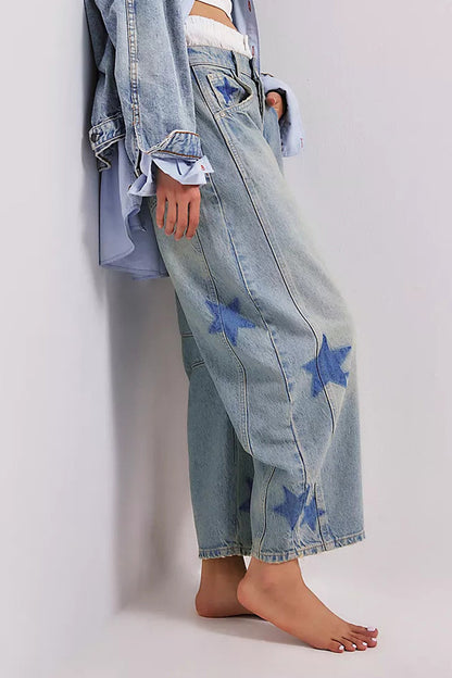 Star Print Relaxed Barrel Leg Jeans