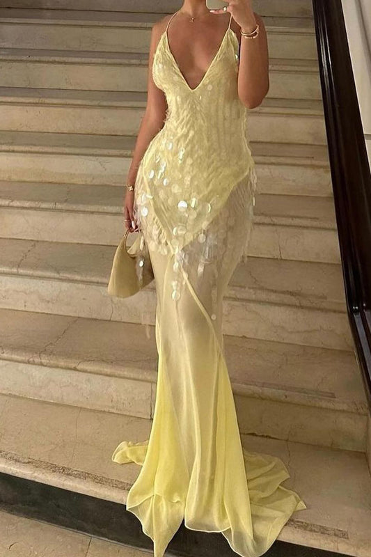 Sequin Backless Drape Tulle Hem Slip Maxi Dress