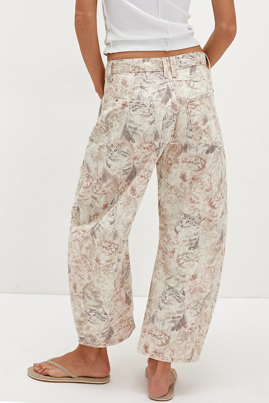 Vintage Cat Print Relaxed Barrel Leg Jeans
