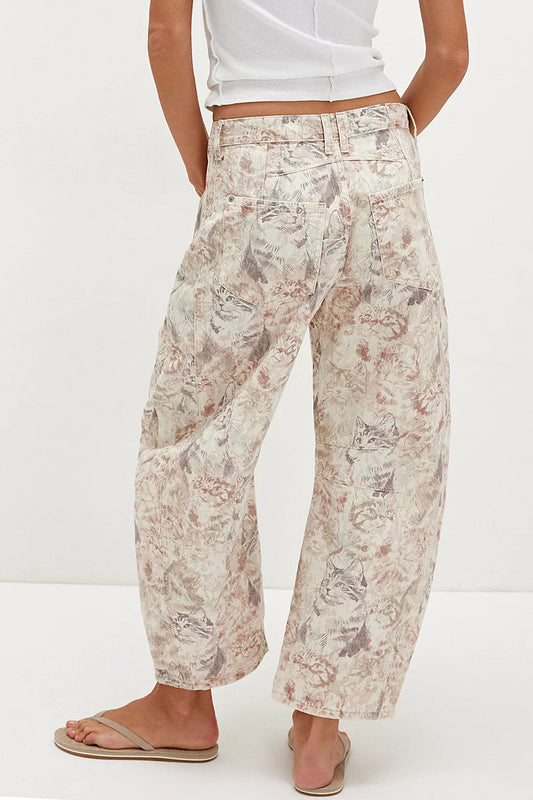 Vintage Cat Print Relaxed Barrel Leg Jeans