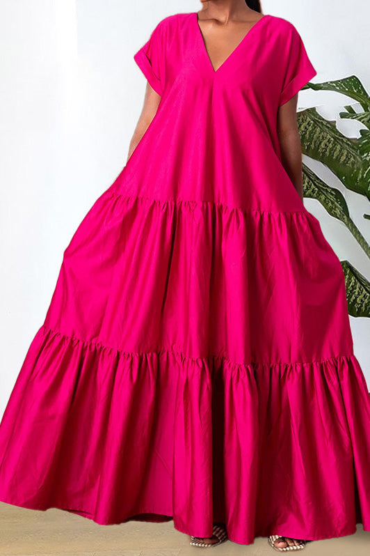 V-Neck Tiered Flowy Smock Maxi Dress