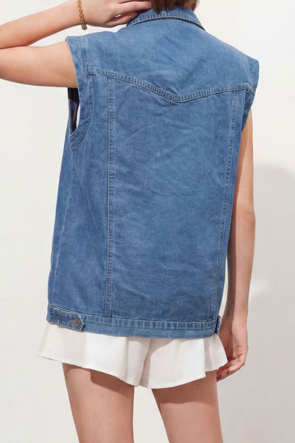 Relaxed Button-Down Sleeveless Denim Vest
