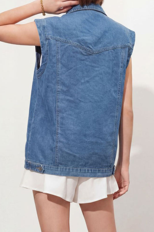 Relaxed Button-Down Sleeveless Denim Vest