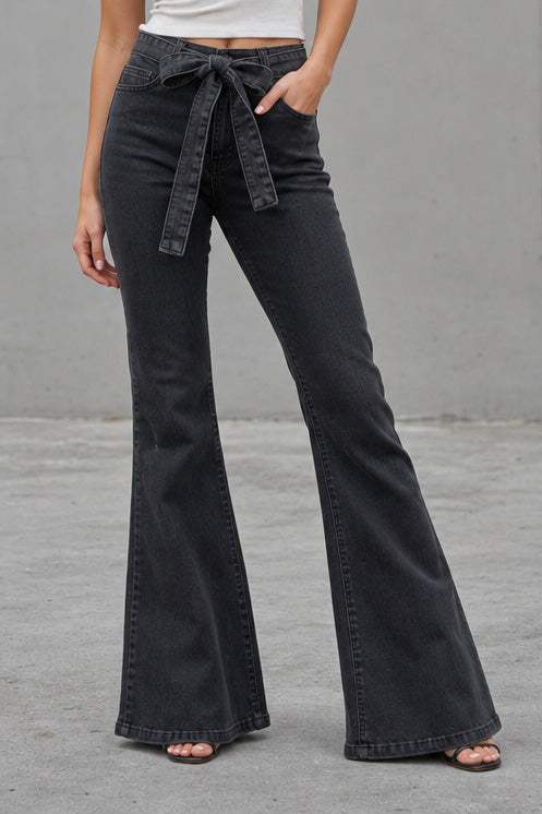 Medium Stretch High Rise Tie Belt Flare Jeans