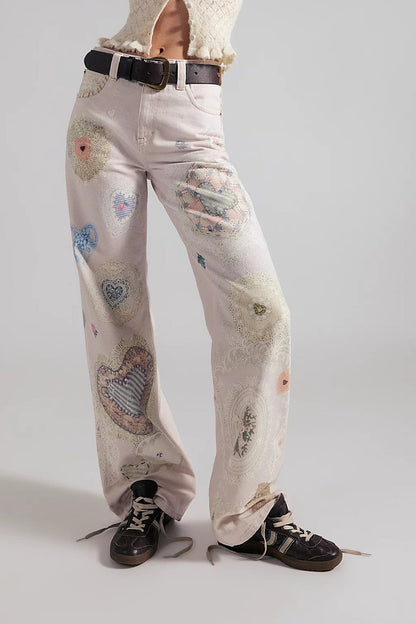 High-Waisted Statement Print Wide Leg Jeans