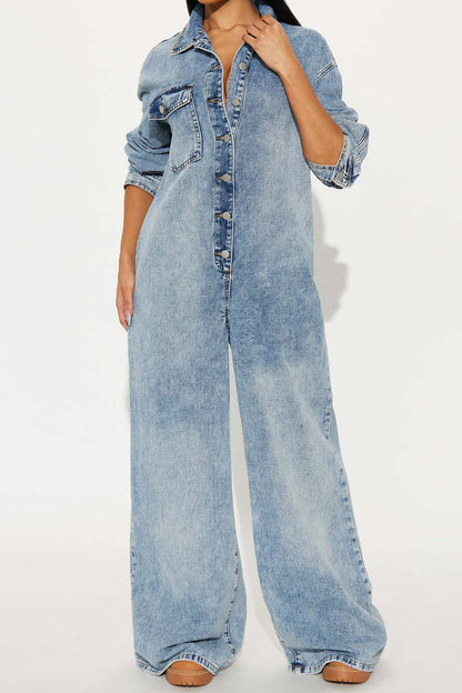 Slim Fit Long Sleeve Washed Denim Jumpsuit
