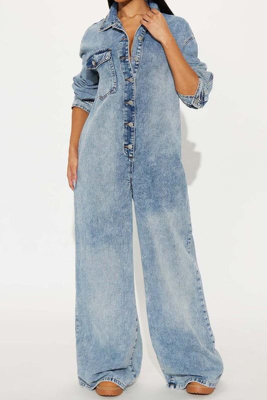 Slim Fit Long Sleeve Washed Denim Jumpsuit