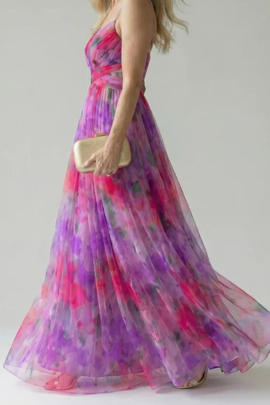 Abstract Chiffon Cutout Backless Maxi Dress