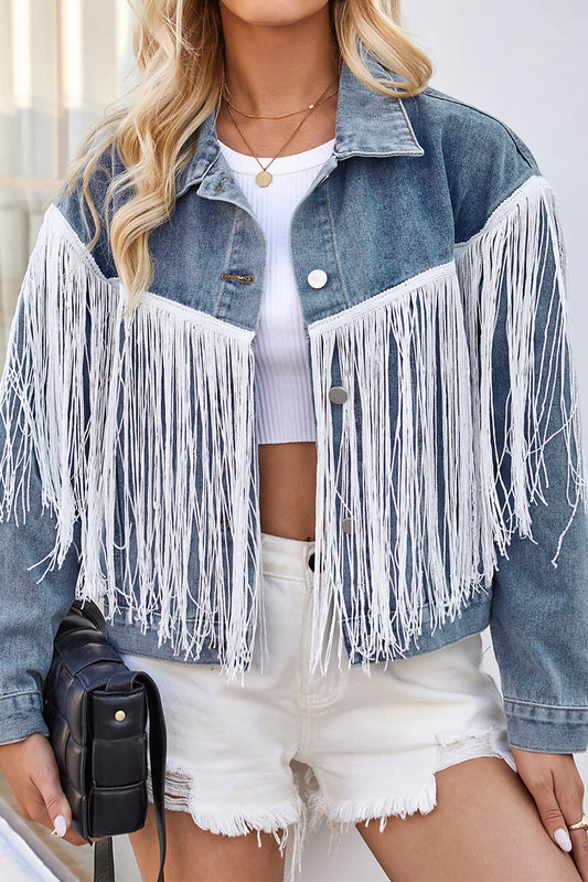 Washed Tassel Long Sleeve Denim Jacket