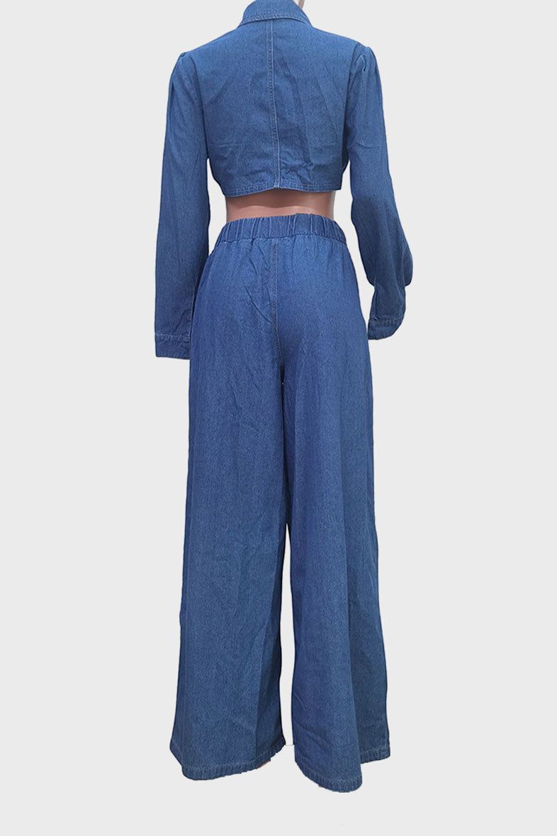 Denim Tied Shirt & Wide-Leg Pants Set