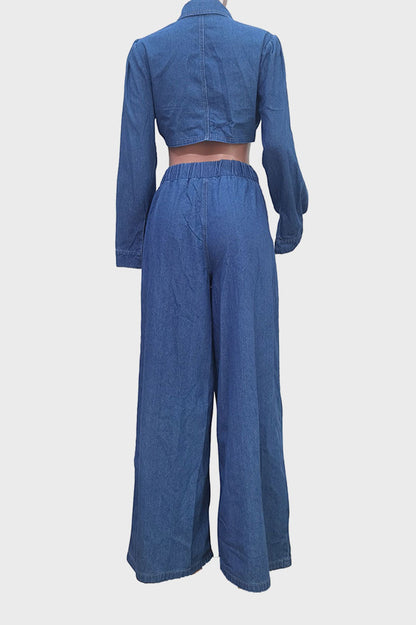 Denim Tied Shirt & Wide-Leg Pants Set
