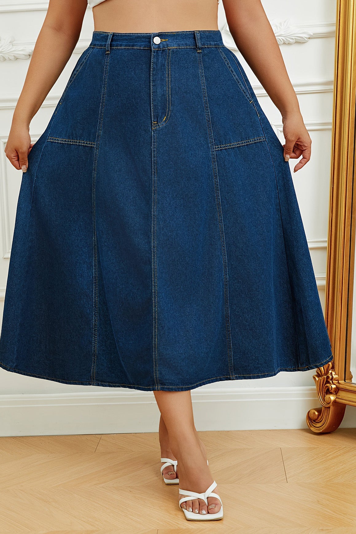 Plus Size High Waist A-Line Denim Maxi Skirt
