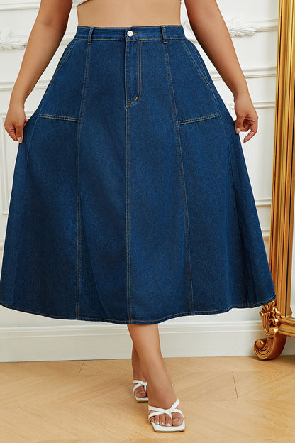 Plus Size High Waist A-Line Denim Maxi Skirt