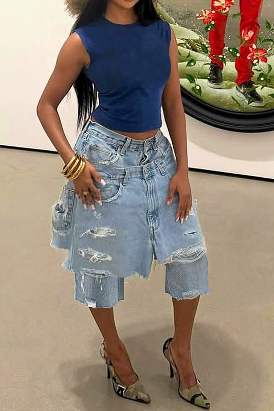 Double Denim Baggy Capri Jeans