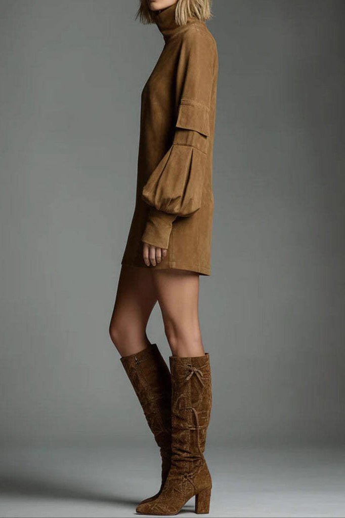 High Neck Long Sleeve Pocket Mini Dress