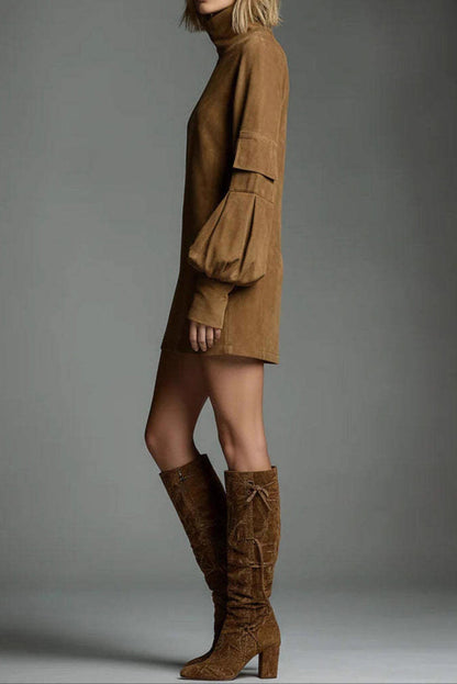 High Neck Long Sleeve Pocket Mini Dress